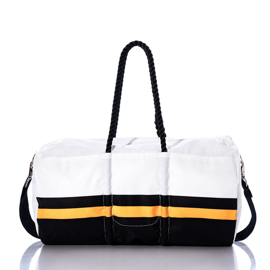 The Sea Bags Pittsburgh Steelers Duffel, crafted from recycled sail cloth, features a white exterior with black handles, black accents, and a yellow stripe near the bottom—evoking the iconic style of the Steelers—and is showcased on a reflective white surface. by Sea Bags