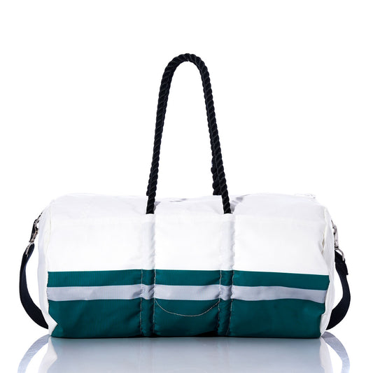 The Sea Bags Philadelphia Eagles Duffel, made from recycled sail cloth in white and green, features black rope handles and a detachable shoulder strap. Shown against a white background, its the perfect accessory for any Eagles fan. by Sea Bags