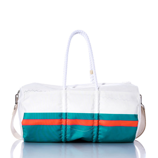 The Sea Bags Miami Dolphins Duffel—crafted from recycled sail cloth—features a white base with teal and orange horizontal stripes, white rope handles, and a detachable beige shoulder strap, all displayed against a white background. Inspired by the iconic Miami Dolphins duffel design. by Sea Bags