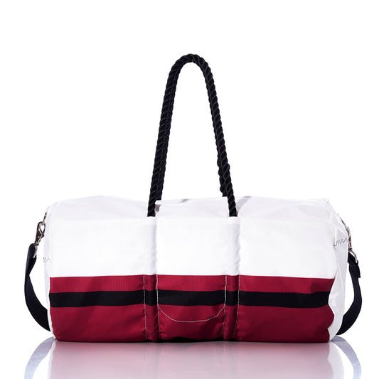 An Arizona Cardinals Duffel by Sea Bags, featuring a white and red design with black handles and accents, crafted from recycled sail cloth, displayed against a white background. by Sea Bags