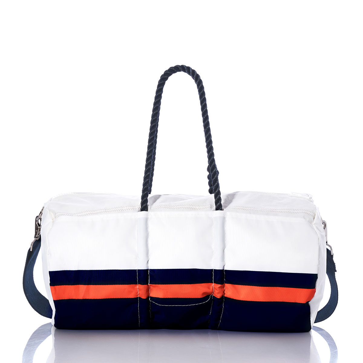 The Sea Bags Chicago Bears Duffel, made from recycled sail cloth and accented with navy and orange stripes near the bottom, features rope handles and a detachable shoulder strap. This duffel bag is shown on a reflective surface. by Sea Bags