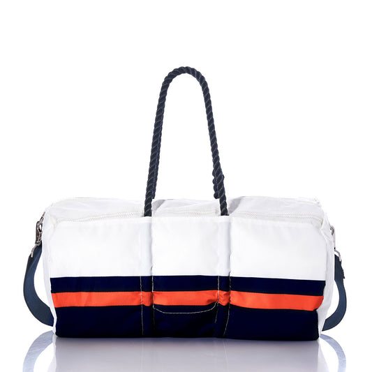 The Sea Bags Chicago Bears Duffel, made from recycled sail cloth and accented with navy and orange stripes near the bottom, features rope handles and a detachable shoulder strap. This duffel bag is shown on a reflective surface. by Sea Bags