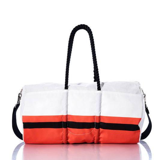 The Sea Bags Cincinnati Bengals Duffel is crafted from recycled sail cloth, featuring white, orange, and black horizontal stripes with black rope handles and a detachable shoulder strap—an ideal bag for any Bengals fan, shown isolated on a white background. by Sea Bags