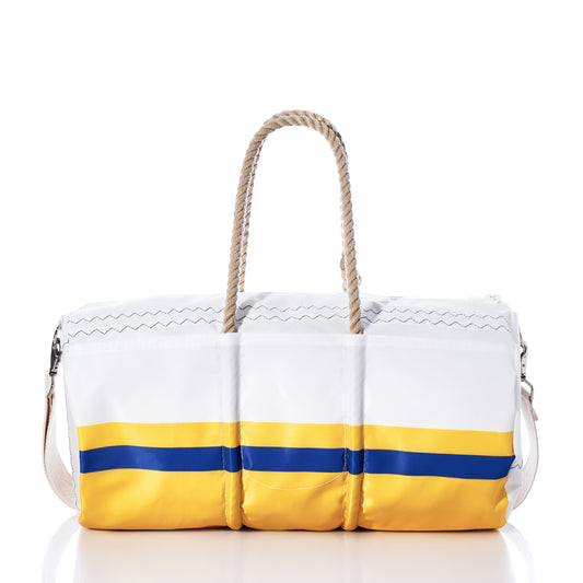 The Sea Bags Los Angeles Rams Duffel, made from recycled sail cloth and featuring yellow and blue stripes near the bottom, beige rope handles, and an adjustable shoulder strap, is photographed on a white background. by Sea Bags