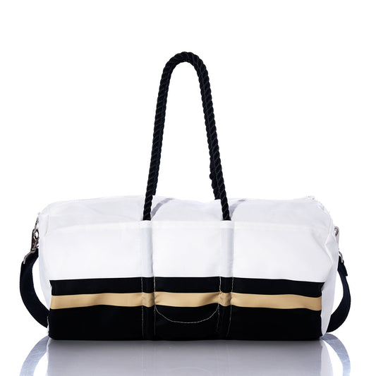 Show your team spirit on the go with the New Orleans Saints Duffel by Sea Bags. Featuring a striking white design accented by black handles, a black shoulder strap, and bold gold-and-black horizontal stripes near the base, this duffel combines sporty style and everyday practicality—perfect for fans heading to the gym or traveling to catch a weekend game. by Sea Bags