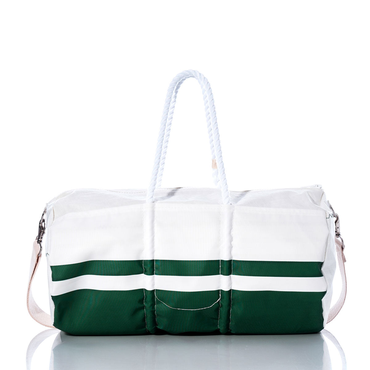 The New York Jets Duffel by Sea Bags, made from recycled sail cloth, showcases bold white and dark green stripes, sturdy white rope handles, and a detachable shoulder strap—offering a stylish tribute to the classic Jets bag against a crisp white background. by Sea Bags