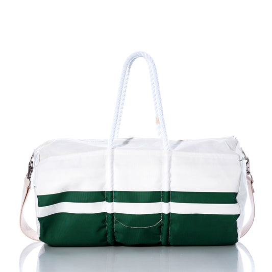 The New York Jets Duffel by Sea Bags, made from recycled sail cloth, showcases bold white and dark green stripes, sturdy white rope handles, and a detachable shoulder strap—offering a stylish tribute to the classic Jets bag against a crisp white background. by Sea Bags