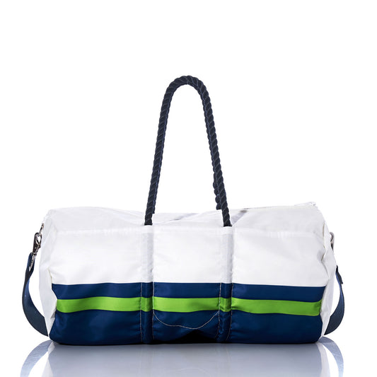 The Sea Bags Seattle Seahawks Duffel features navy blue and green stripes, navy handles, and a detachable shoulder strap on durable recycled sail cloth—shown on a white background—making it the ideal duffel for passionate Seahawks fans. by Sea Bags