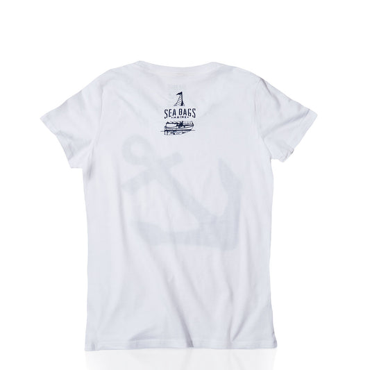 The Womens Navy Anchor Graphic Tee by 320Ink d/b/a Riptide Print Company features a large, subtle anchor design on the back and a small SEA BAGS logo with a ship illustration near the neckline—making it an ideal addition to your classic nautical wardrobe. This versatile shirt is proudly made in the USA. by Sea Bags