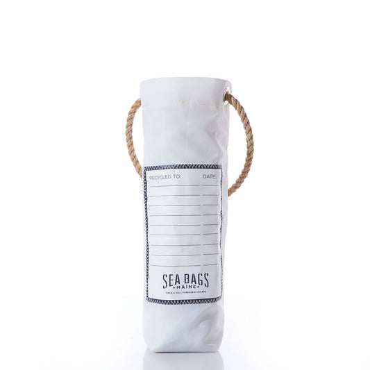 A white Lobster Pound Wine Bag by Sea Bags, crafted from recycled sails with rope handles, featuring a recycling logo on the front and standing upright on a white background. by Sea Bags