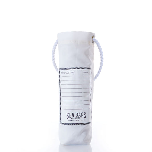 Navy Anchor Wine Bag by Sea Bags—a white cylindrical wine bag with a rope handle, crafted from repurposed sails and featuring the brand’s signature navy anchor design along with a recycled section showing date lines on the front. The background is plain white. by Sea Bags