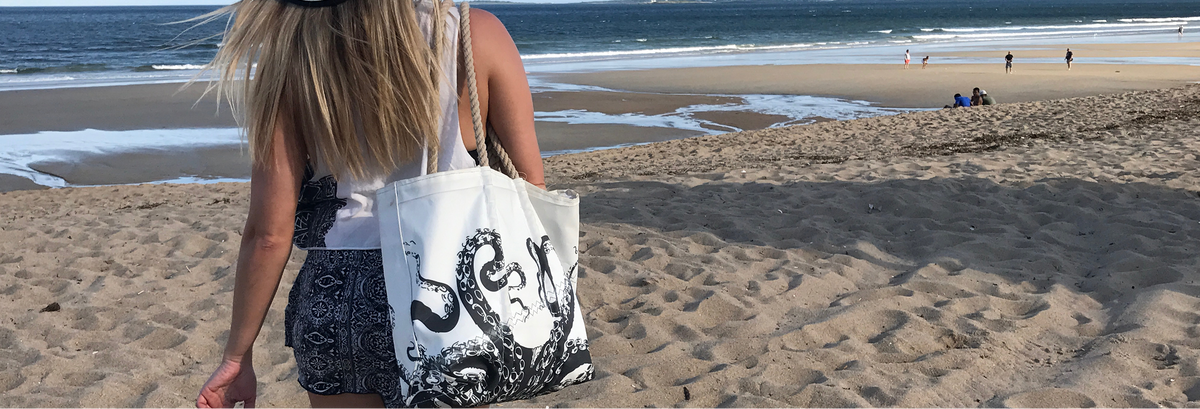 Beach trip with an octopus tote bag, coastal scene