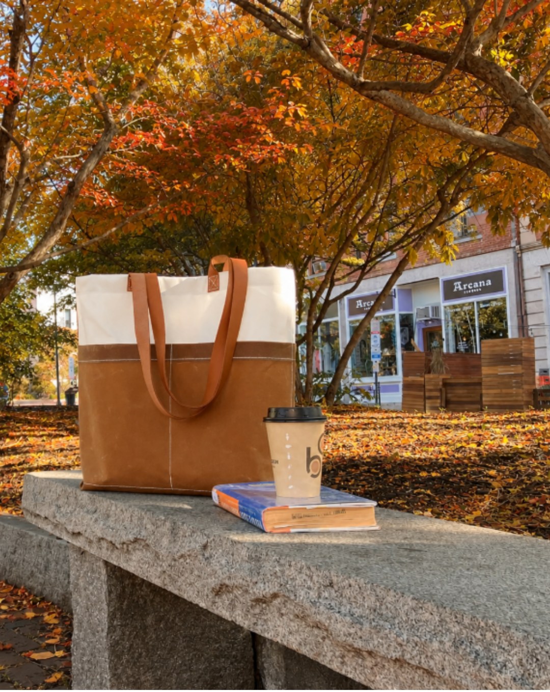 Tan sail cloth and canvas bag with leather straps on a fall day downtown