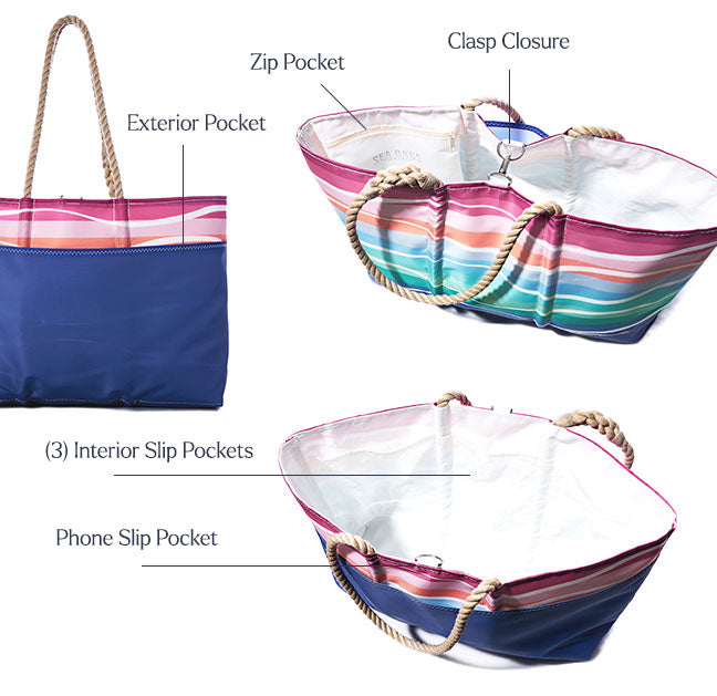 Sea Bags Sunset Surf Ogunquit Beach Tote, shown open and closed, features vibrant stripes, sturdy rope handles, a clasp closure, exterior pocket, zip pocket, three interior slip pockets—including waterproof options—and a convenient phone slip pocket. by Sea Bags