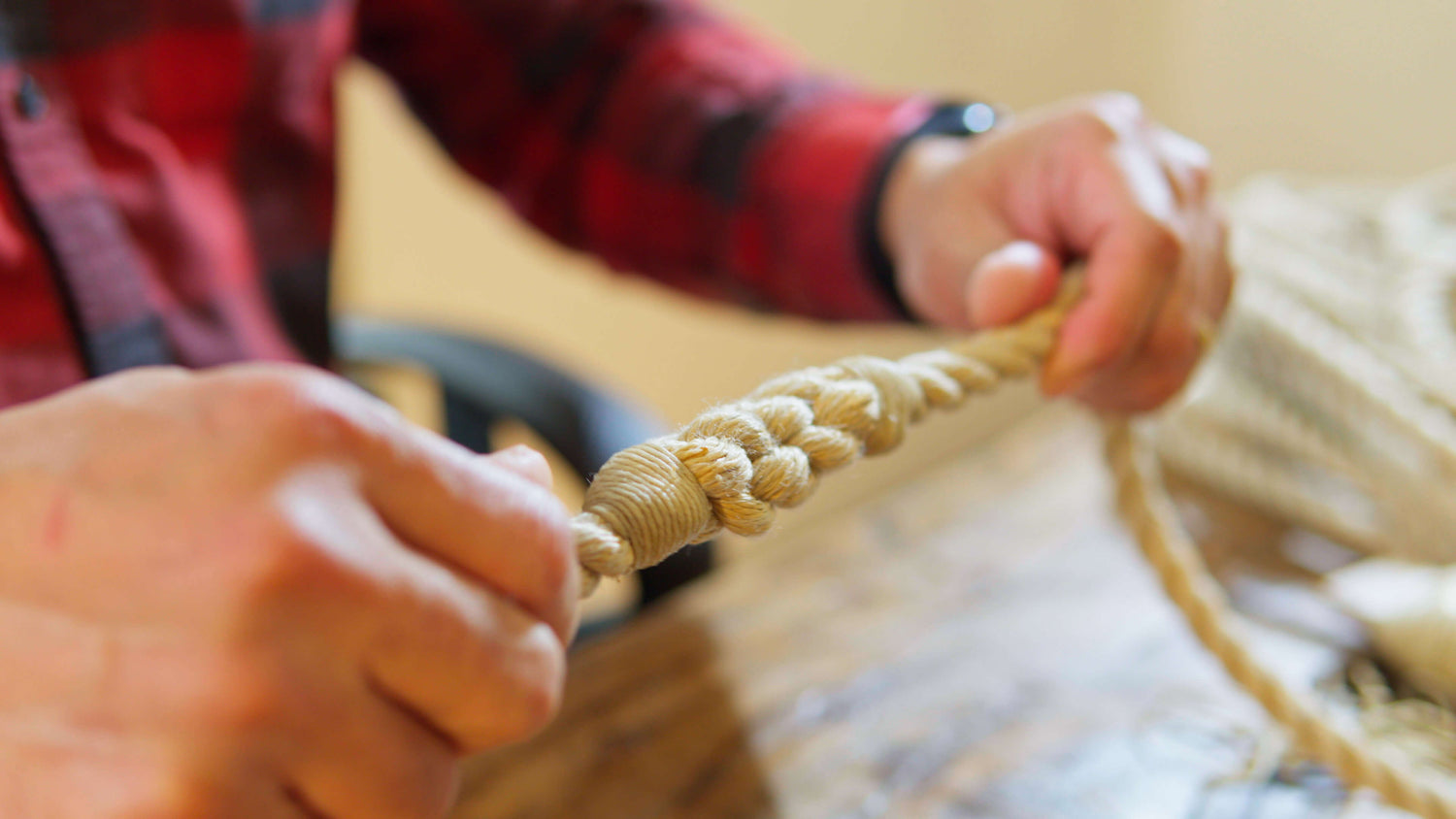 Splicing rope handles by hand, for use on recycled sail tote bags Made in the USA
