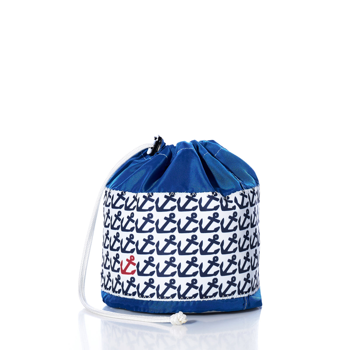Sea Bags Anchor Pop Ditty Bag, crafted from durable sail cloth, features a blue and white design with a repeated navy anchor pattern and a single standout red anchor, shown against a plain white background.
