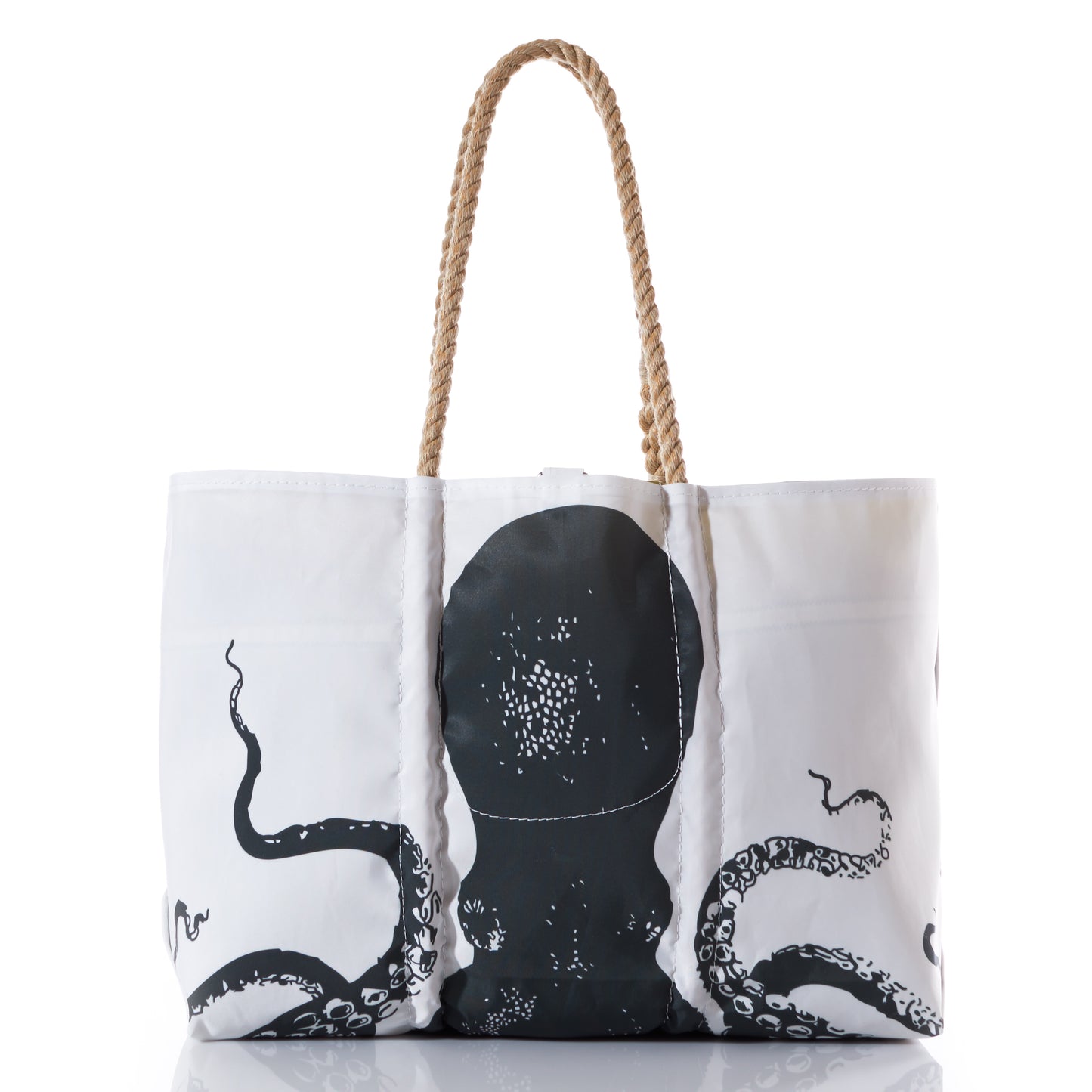 Sea Bags’ Octopus Large Tote with Clasp features a striking black octopus graphic and two rope handles, displayed on a white background—an ocean-inspired bag that channels the adventurous spirit of the HMS Challenger tote and Darwin’s Origin of Species. by Sea Bags