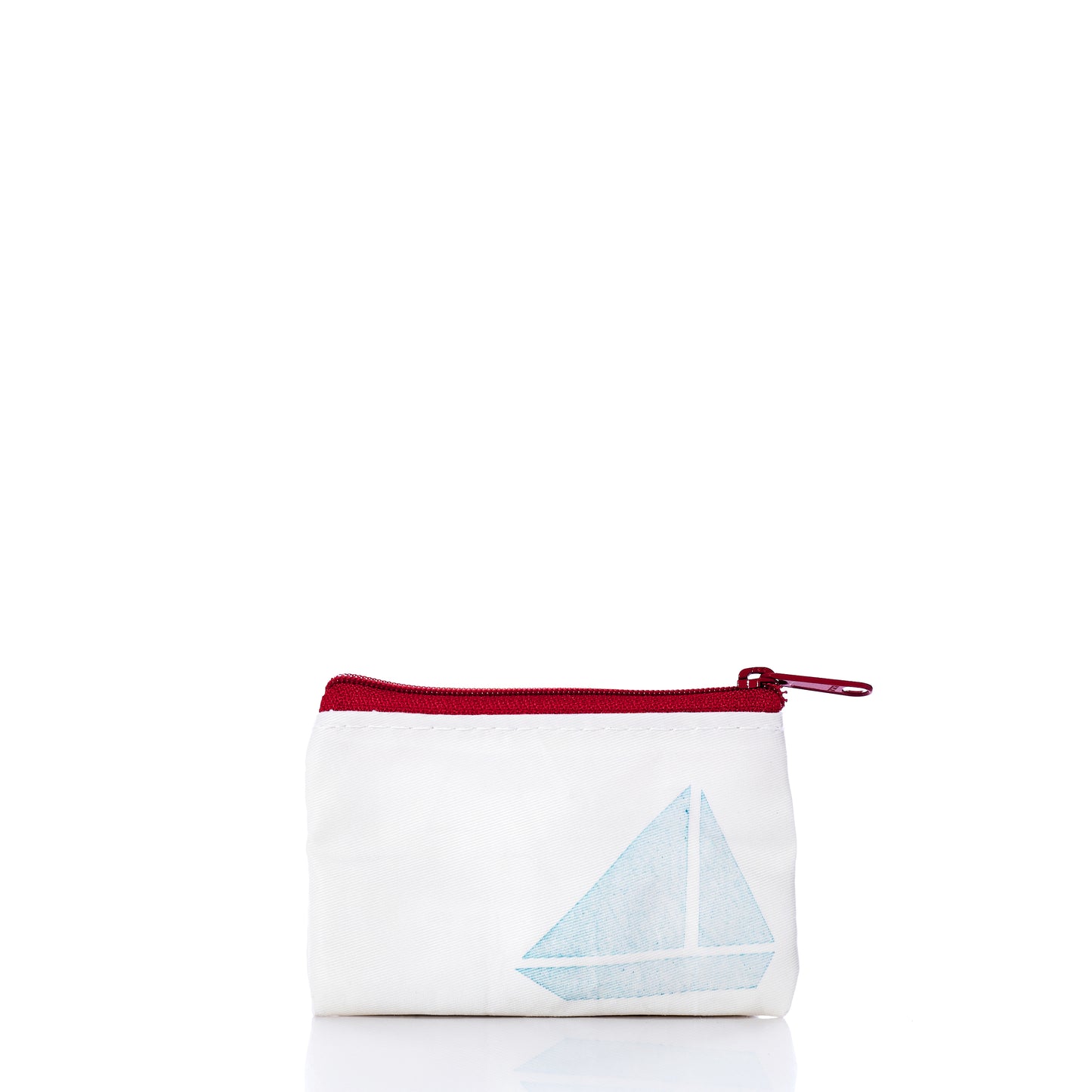 Introducing the Sea Bags Sailboat Everyday Carry Mini Pouch—a compact white pouch featuring a red zipper and a minimalist navy sailboat graphic on the front, expertly crafted from recycled Dacron sail for enhanced durability and a touch of nautical style. by Sea Bags