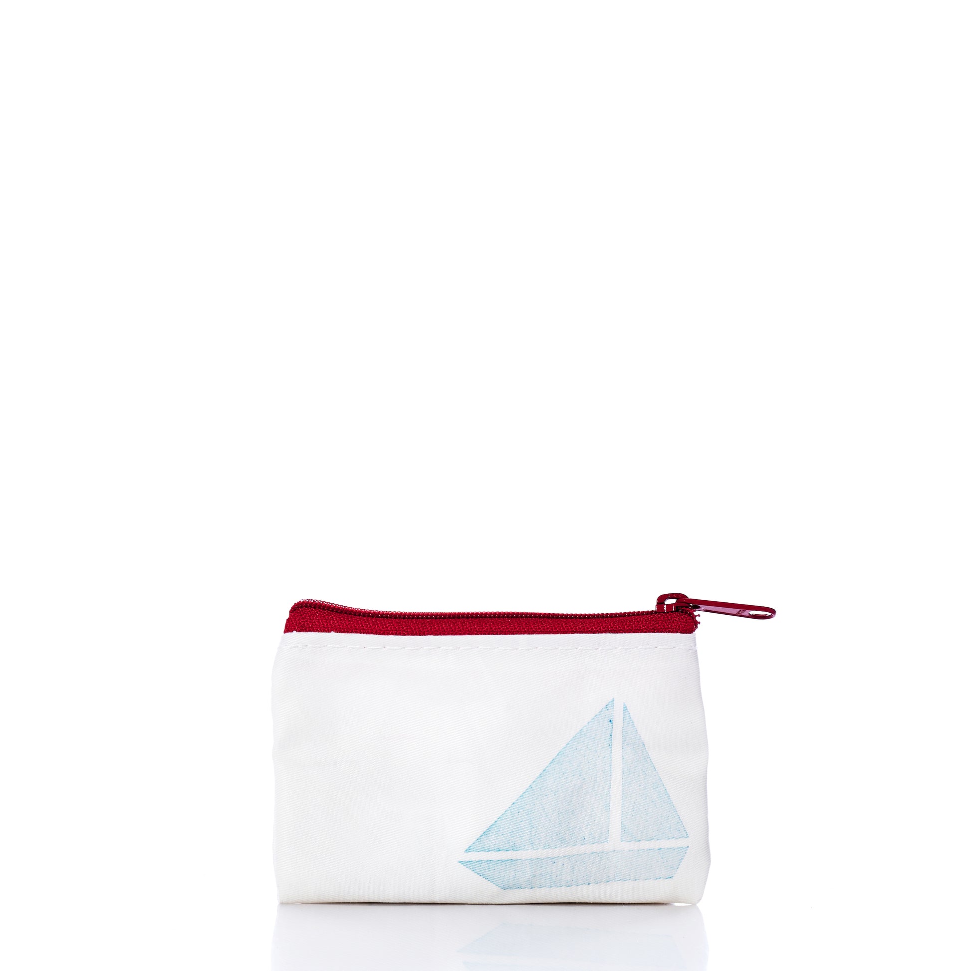 Introducing the Sea Bags Sailboat Everyday Carry Mini Pouch—a compact white pouch featuring a red zipper and a minimalist navy sailboat graphic on the front, expertly crafted from recycled Dacron sail for enhanced durability and a touch of nautical style. by Sea Bags