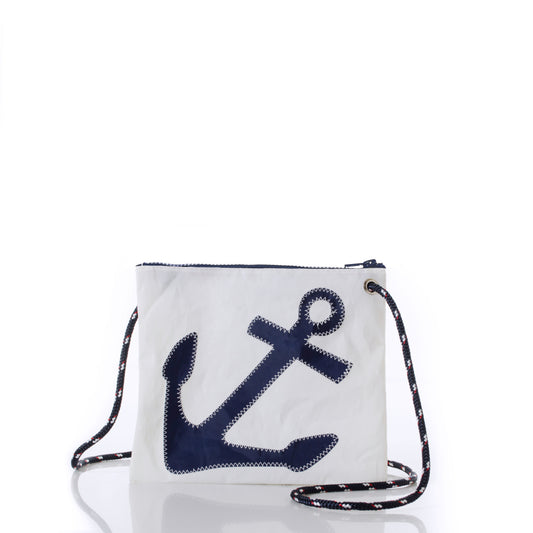 The Sea Bags Navy Anchor Slim Crossbody Bag, crafted from white sail cloth with a navy anchor applique, features an adjustable and detachable strap, secure zipper closure, and is displayed against a plain white background. by Sea Bags