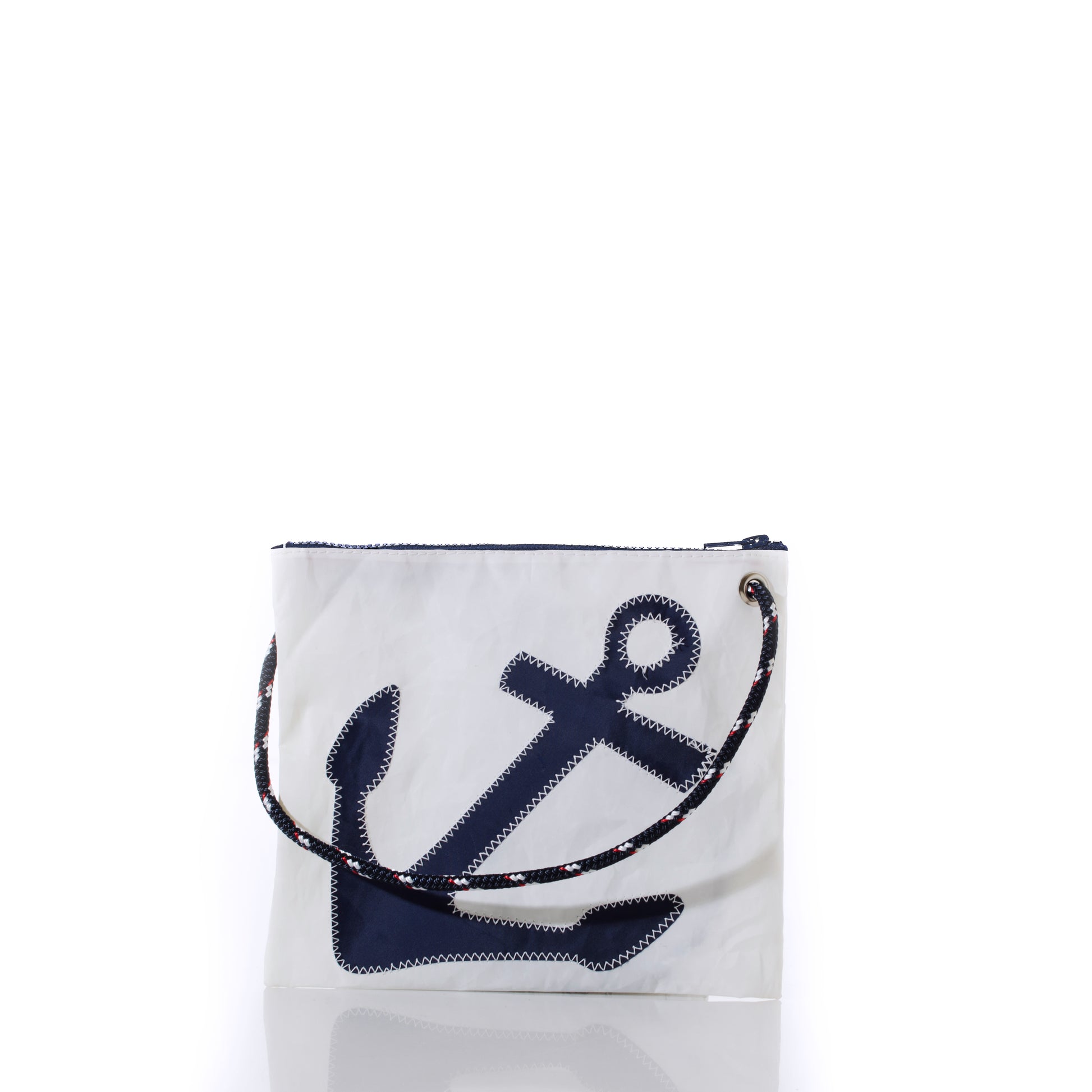 Sea Bags Navy Anchor Slim Crossbody Bag featuring a white sail cloth body, a navy blue anchor applique, and a rope handle, shown against a plain white background. by Sea Bags
