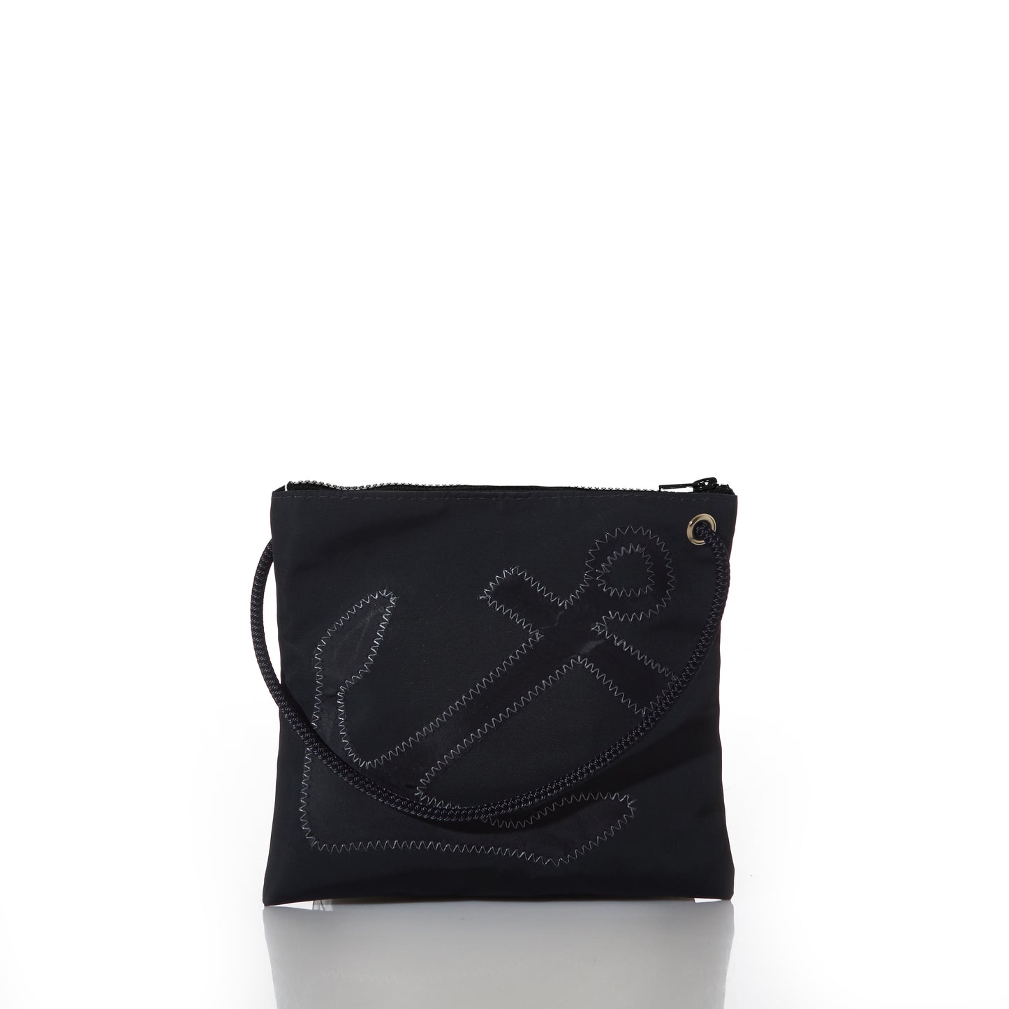 The Sea Bags Black-on-Black Anchor Slim Crossbody features a black zippered pouch with a rope handle and a stitched anchor applique design on the front, shown against a white background. by Sea Bags