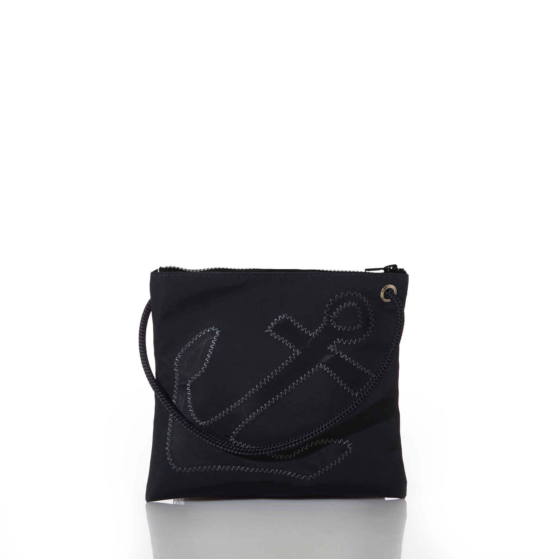 The Sea Bags Black-on-Black Anchor Slim Crossbody features a black zippered pouch with a rope handle and a stitched anchor applique design on the front, shown against a white background. by Sea Bags