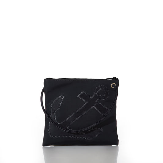 The Sea Bags Black-on-Black Anchor Slim Crossbody features a black zippered pouch with a rope handle and a stitched anchor applique design on the front, shown against a white background. by Sea Bags