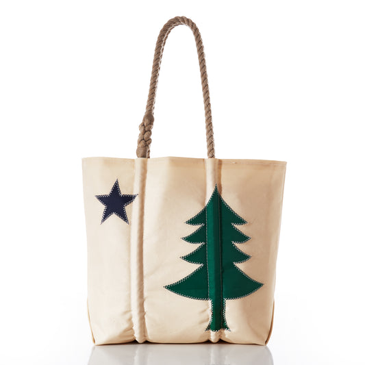 Sea Bags Maine Bicentennial Medium Tote, featuring sturdy rope handles and a design inspired by the classic Maine state flag with a green tree and navy blue star on the front, is shown photographed against a white background. by Sea Bags