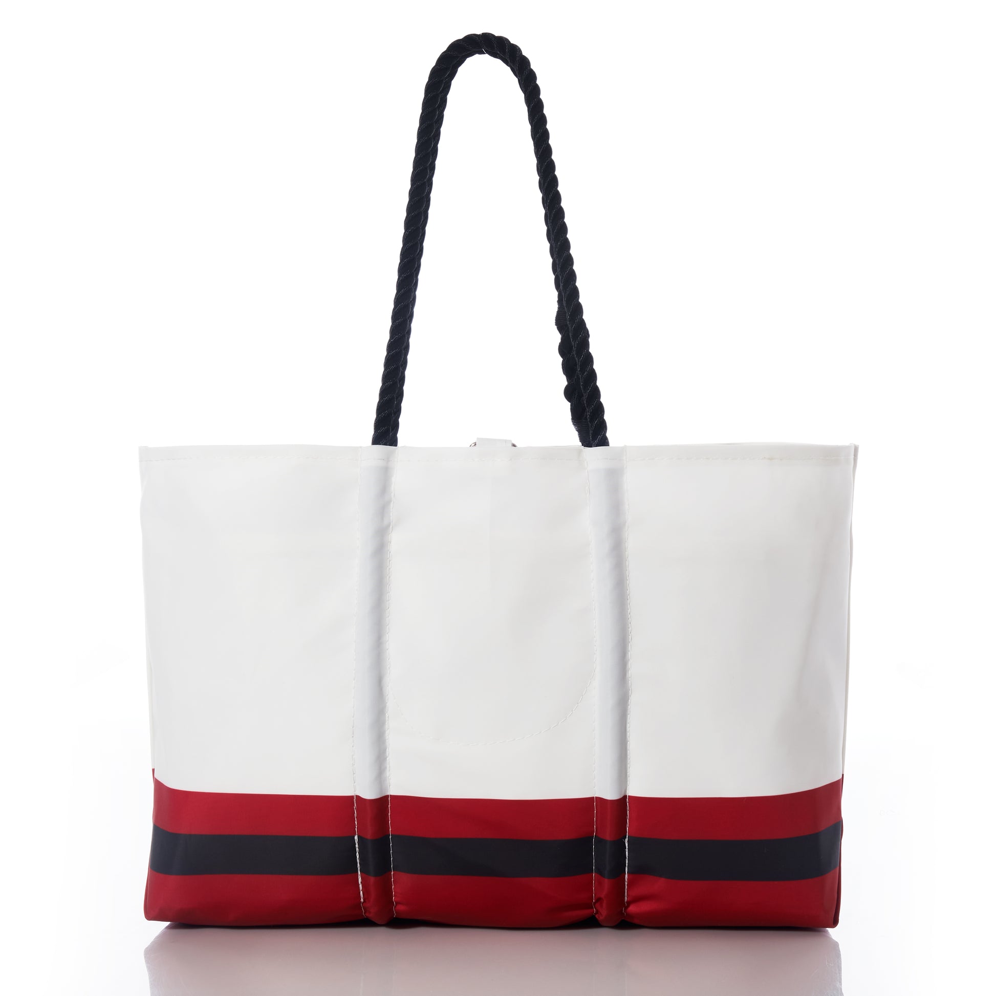 White tote bag featuring black rope handles and bold red and black stripes near the bottom, displayed on a white background. The Sea Bags Tampa Bay Buccaneers Tailgate Tote is crafted from recycled sail cloth, making it an eco-friendly and stylish way to show off your Tampa Bay NFL pride. by Sea Bags