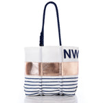 Introducing the Sea Bags Custom Monogram Rose Gold-on-Navy Mariner Stripe Medium Tote—this personalized bag features elegant navy rope handles, classic navy and white stripes, a striking metallic rose gold band, and custom-stitched initials near the top. The stylish tote is the perfect accessory for any outing. by Sea Bags