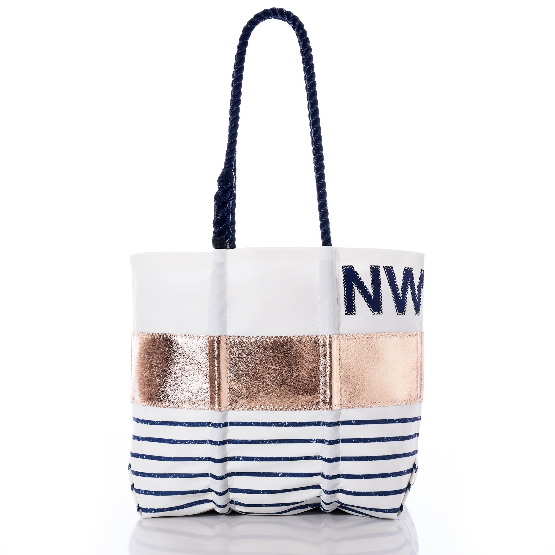 Introducing the Sea Bags Custom Monogram Rose Gold-on-Navy Mariner Stripe Medium Tote—this personalized bag features elegant navy rope handles, classic navy and white stripes, a striking metallic rose gold band, and custom-stitched initials near the top. The stylish tote is the perfect accessory for any outing. by Sea Bags