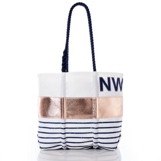 Introducing the Sea Bags Custom Monogram Rose Gold-on-Navy Mariner Stripe Medium Tote—this personalized bag features elegant navy rope handles, classic navy and white stripes, a striking metallic rose gold band, and custom-stitched initials near the top. The stylish tote is the perfect accessory for any outing. by Sea Bags
