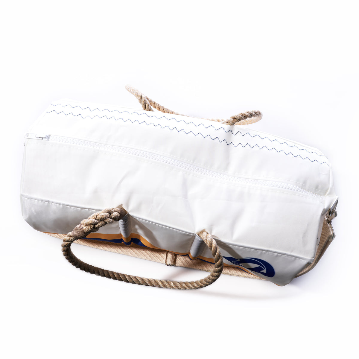 The Los Angeles Rams Duffel by Sea Bags is crafted from white recycled sail cloth, featuring rope handles, a visible zipper, blue stitching, and a small blue Rams logo on one end.