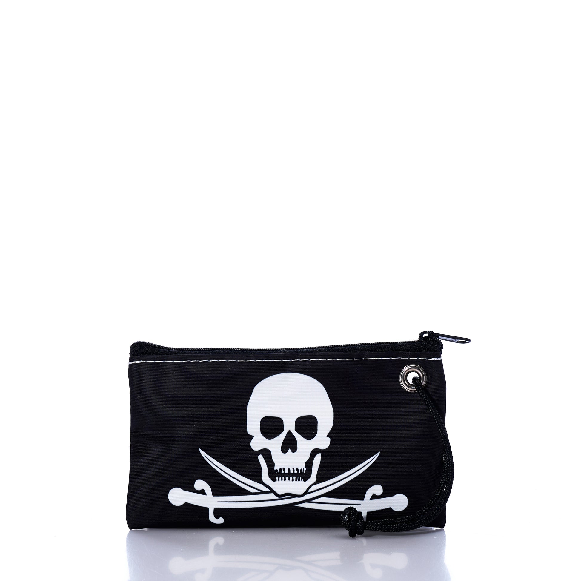 The Sea Bags Jolly Roger Wristlet is a small black zippered pouch featuring a white skull and crossed swords graphic in classic pirate style, shown against a white background. by Sea Bags