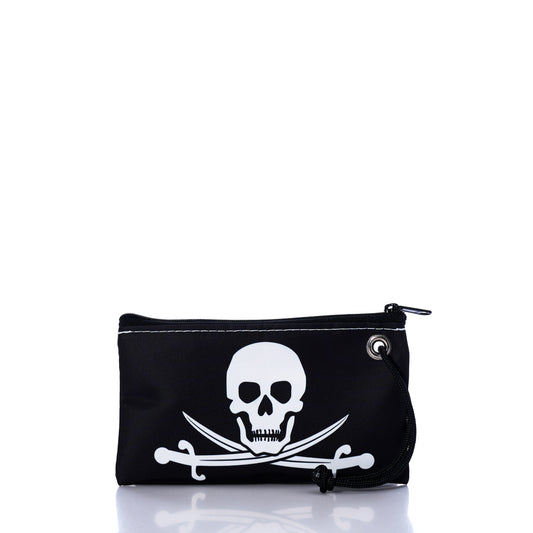 The Sea Bags Jolly Roger Wristlet is a small black zippered pouch featuring a white skull and crossed swords graphic in classic pirate style, shown against a white background. by Sea Bags
