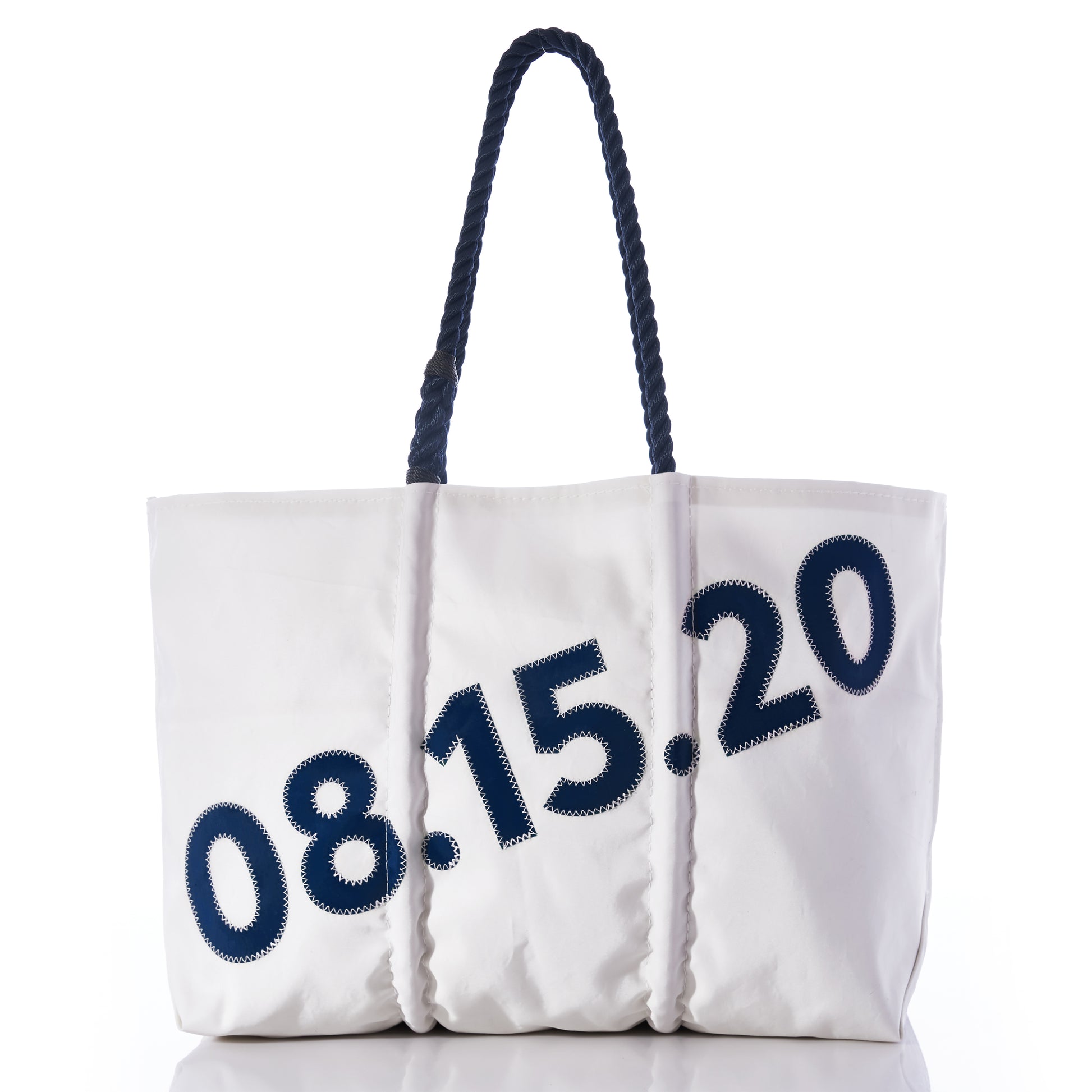 The Sea Bags Custom Date Tote features a white tote design with dark blue rope handles and the date 08.15.20 boldly printed in large blue text diagonally across the front—an ideal way to commemorate special occasions or add a personal touch to your style. by Sea Bags