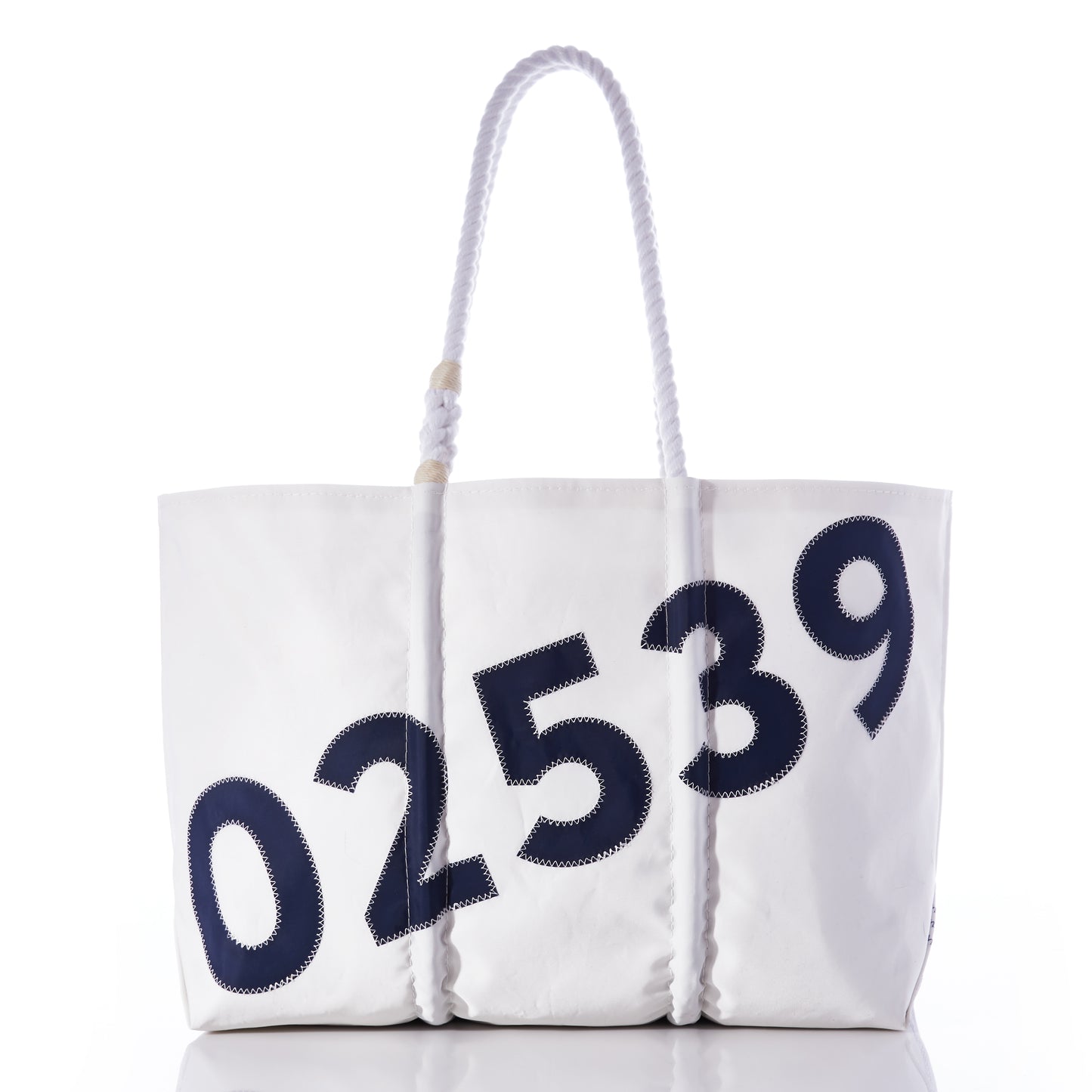 Sea Bags Custom Zip Code Tote with rope handles, crafted from durable recycled sail cloth and featuring large navy blue 02539 numbers stitched diagonally across the front; shown against a white background. by Sea Bags