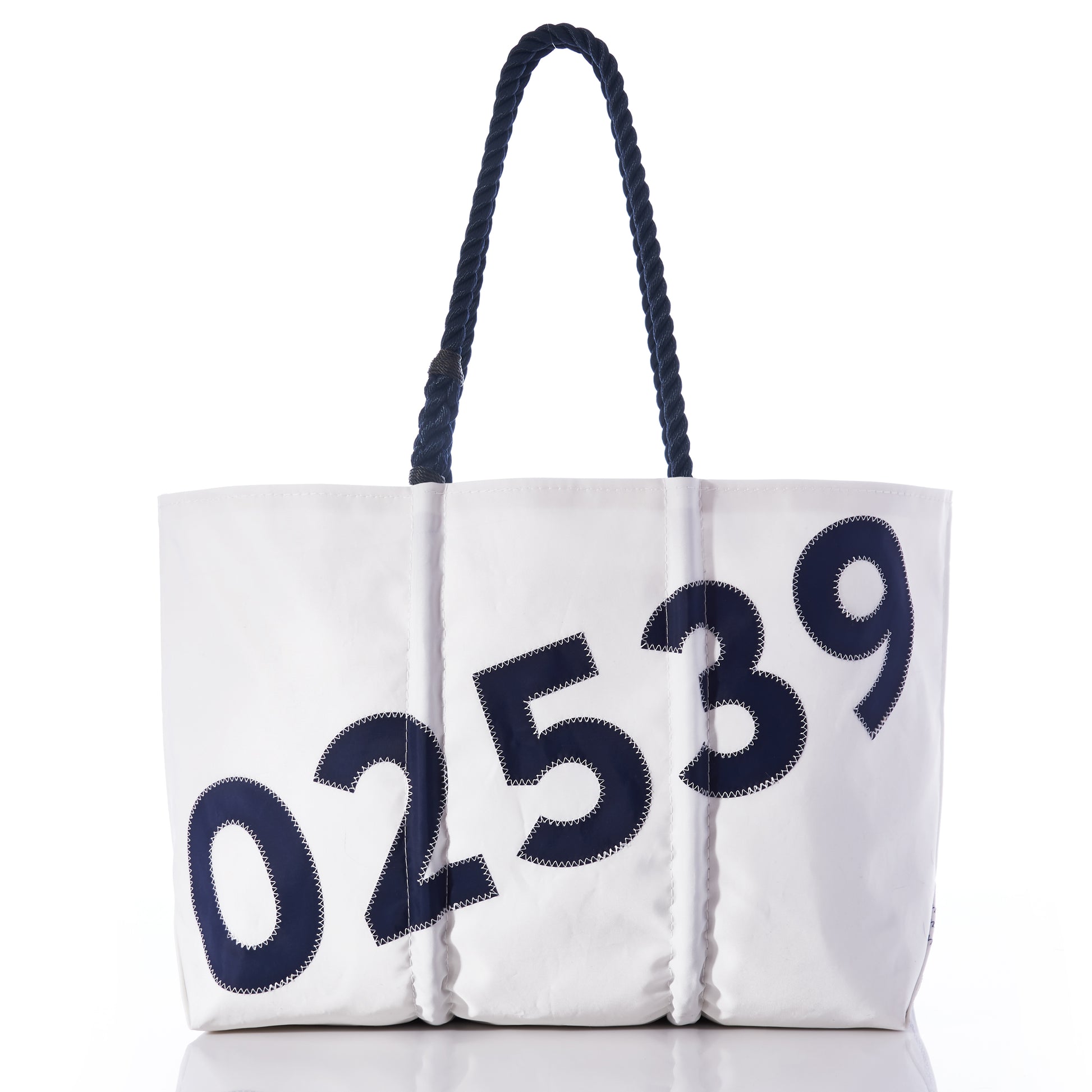 The Sea Bags Custom Zip Code Tote is a white tote bag made from recycled sail cloth, featuring sturdy navy blue rope handles and large navy numbers 02539 stitched on the front—a distinctive blend of coastal style and durability. by Sea Bags