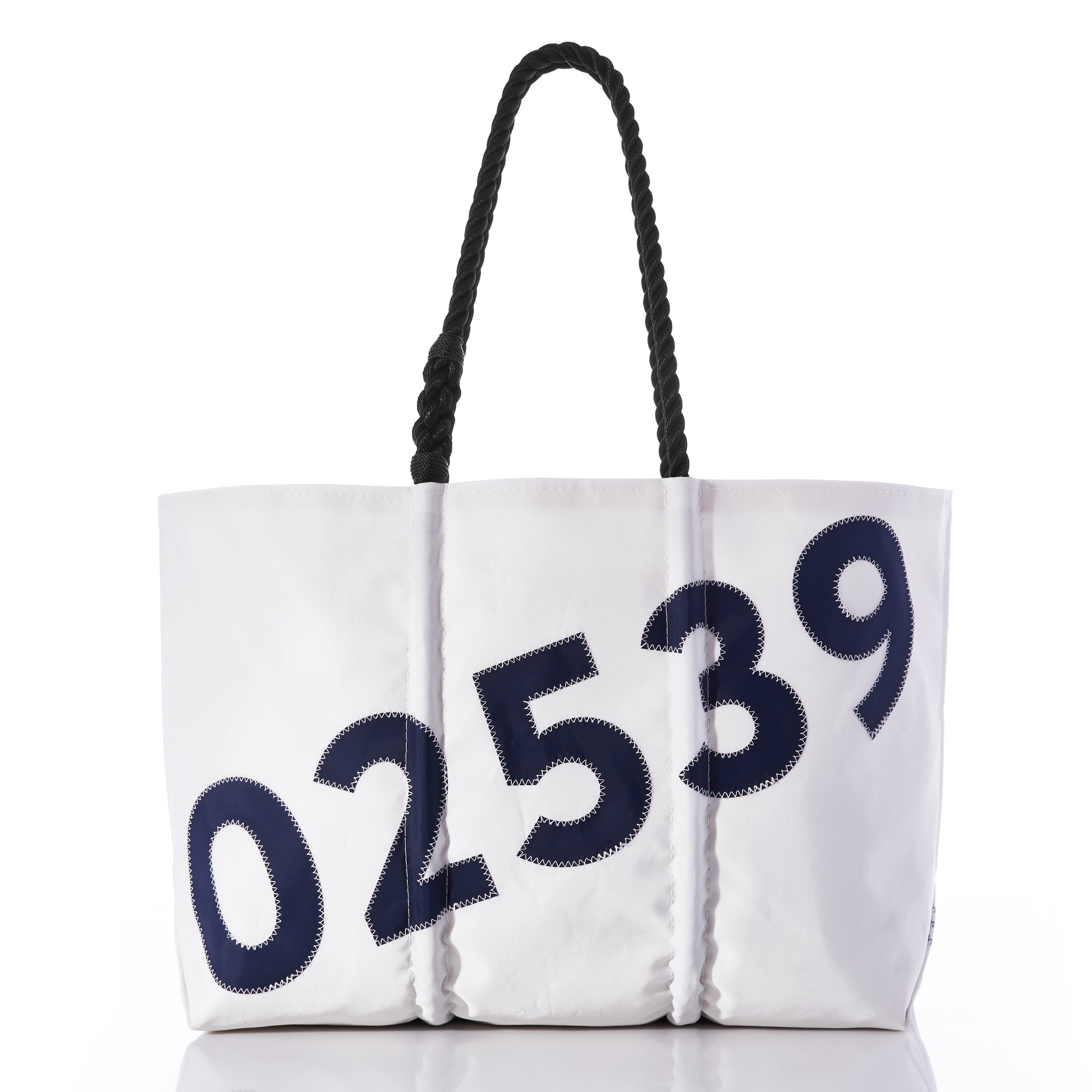 Introducing the Sea Bags Custom Zip Code Tote—a white tote bag featuring bold black rope handles and large navy blue numbers 02539 stitched on the front. Expertly crafted from recycled sail cloth, this stylish and eco-friendly accessory is perfect for everyday use. by Sea Bags
