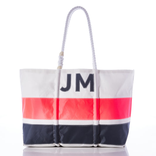 Sea Bags Custom Monogram Horizontal Stripe Large Tote featuring JM initials, rope handles, and horizontal stripes in white, pink, and navy blue. by Sea Bags