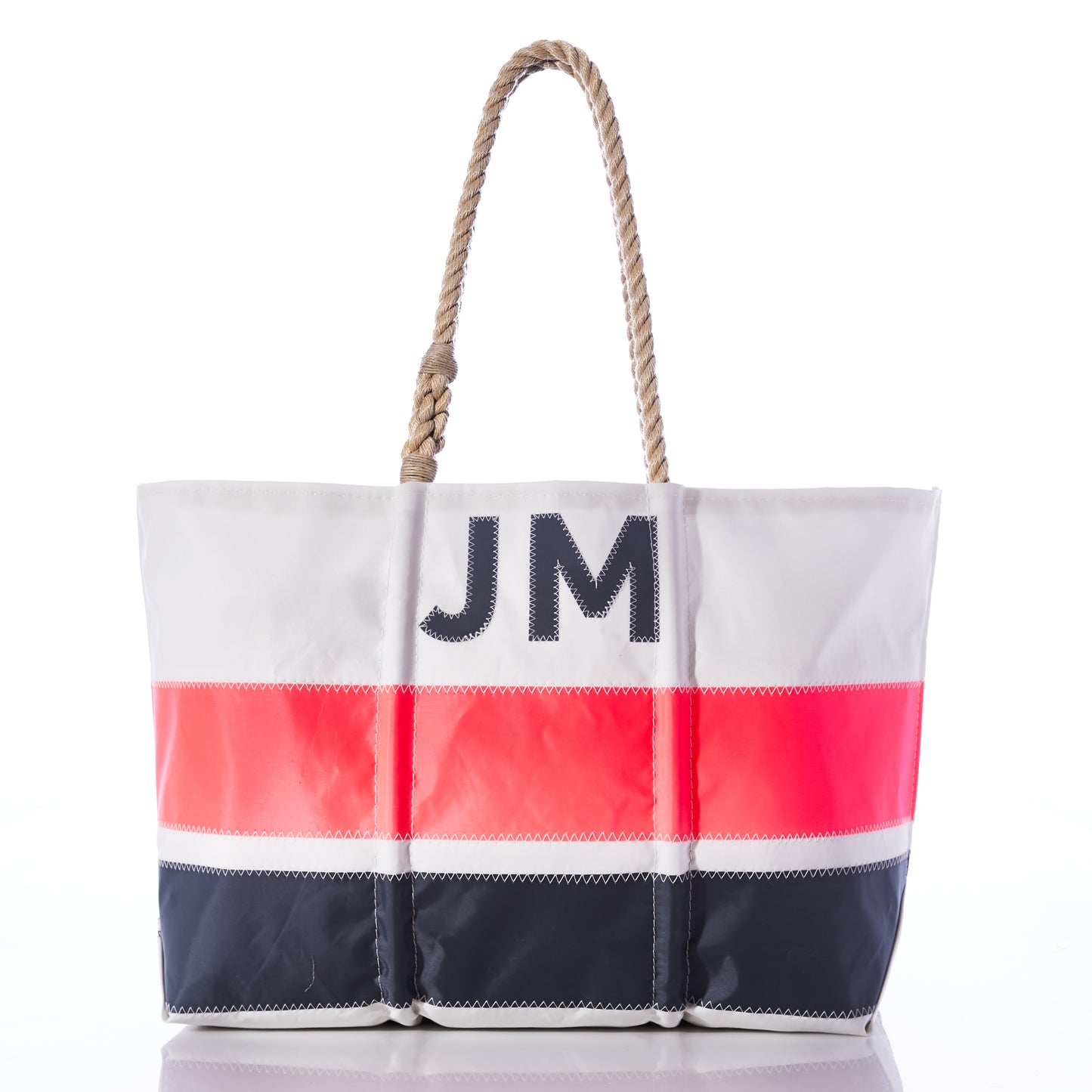 The Sea Bags Custom Monogram Horizontal Stripe Large Tote features bold white, coral, and navy stripes, sturdy rope handles, and a personalized monogram with the initials JM printed on the upper section. by Sea Bags