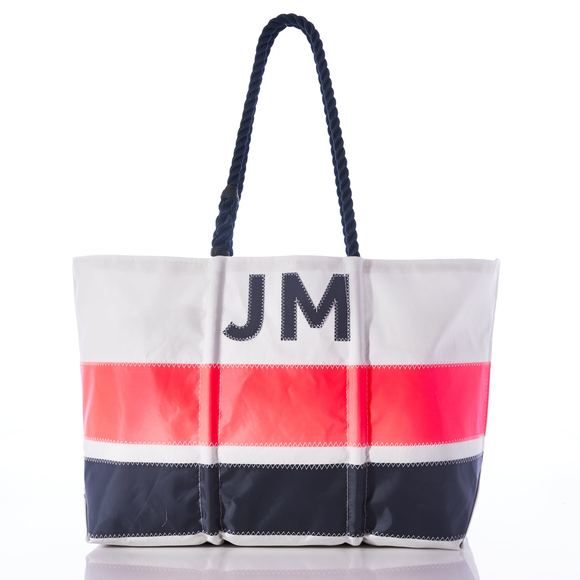 The Sea Bags Custom Monogram Horizontal Stripe Large Tote features rope handles, bold horizontal stripes in white, red, and navy, and is personalized with the initials JM at the top center. by Sea Bags