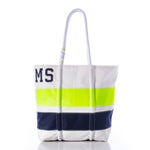 Sea Bags Custom Monogram Horizontal Stripe Medium Tote featuring horizontal navy and neon yellow stripes, white rope handles, and partially embroidered blue monogram letters MS on the upper left side. by Sea Bags