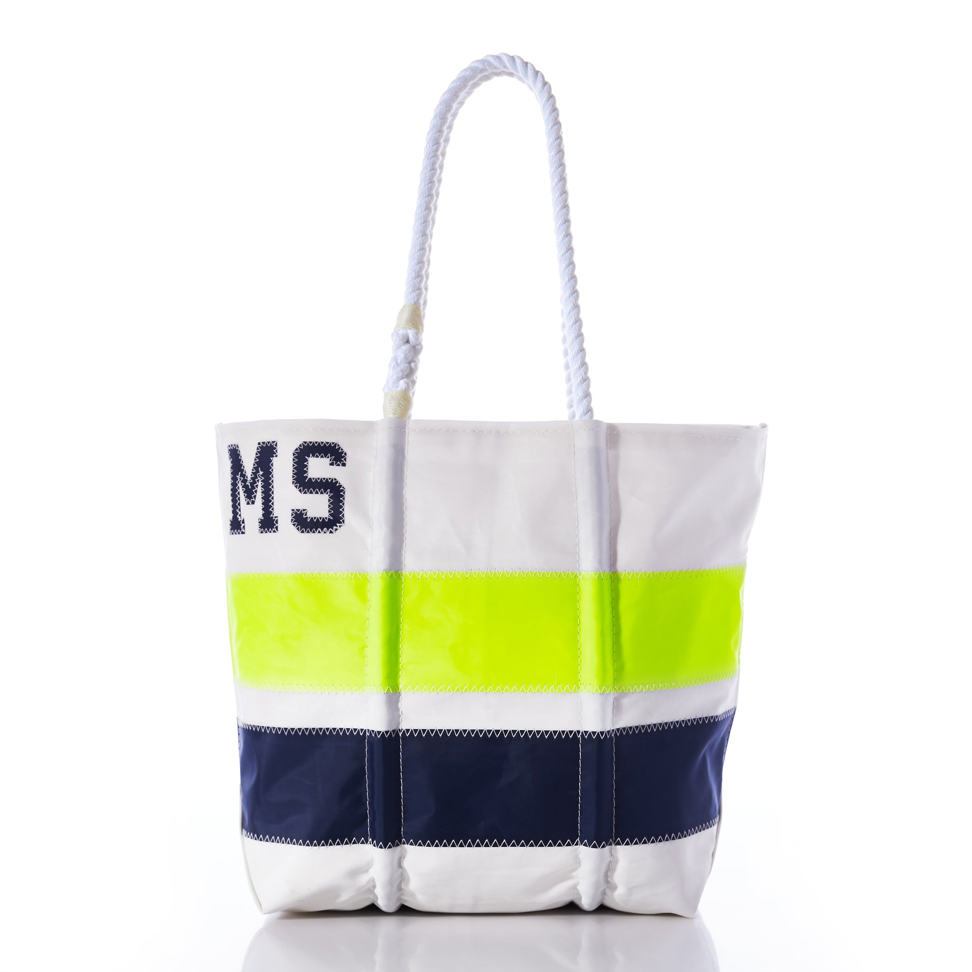 Sea Bags Custom Monogram Horizontal Stripe Medium Tote featuring horizontal navy and neon yellow stripes, white rope handles, and partially embroidered blue monogram letters MS on the upper left side. by Sea Bags