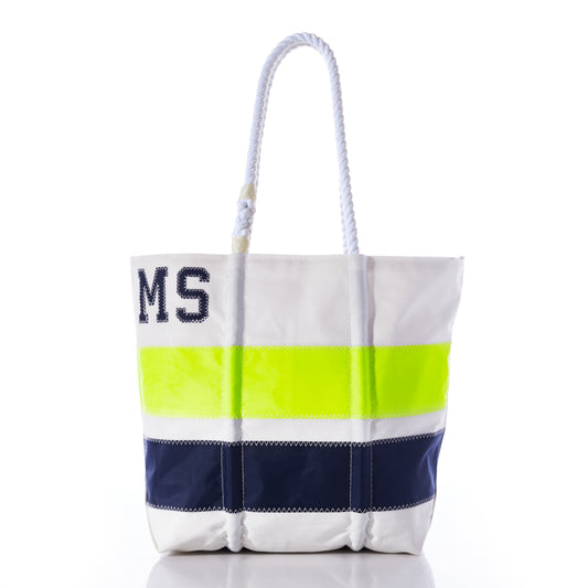 Sea Bags Custom Monogram Horizontal Stripe Medium Tote featuring horizontal navy and neon yellow stripes, white rope handles, and partially embroidered blue monogram letters MS on the upper left side. by Sea Bags