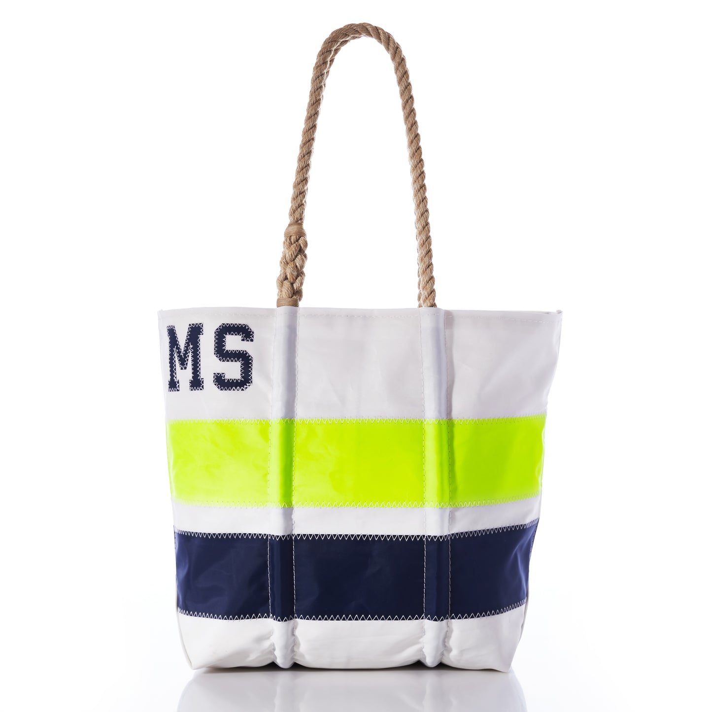 Sea Bags Custom Monogram Horizontal Stripe Medium Tote—featuring rope handles, a personalized design with horizontal navy and neon yellow stripes, and the “MS” monogram stitched in navy blue on the upper left side. by Sea Bags