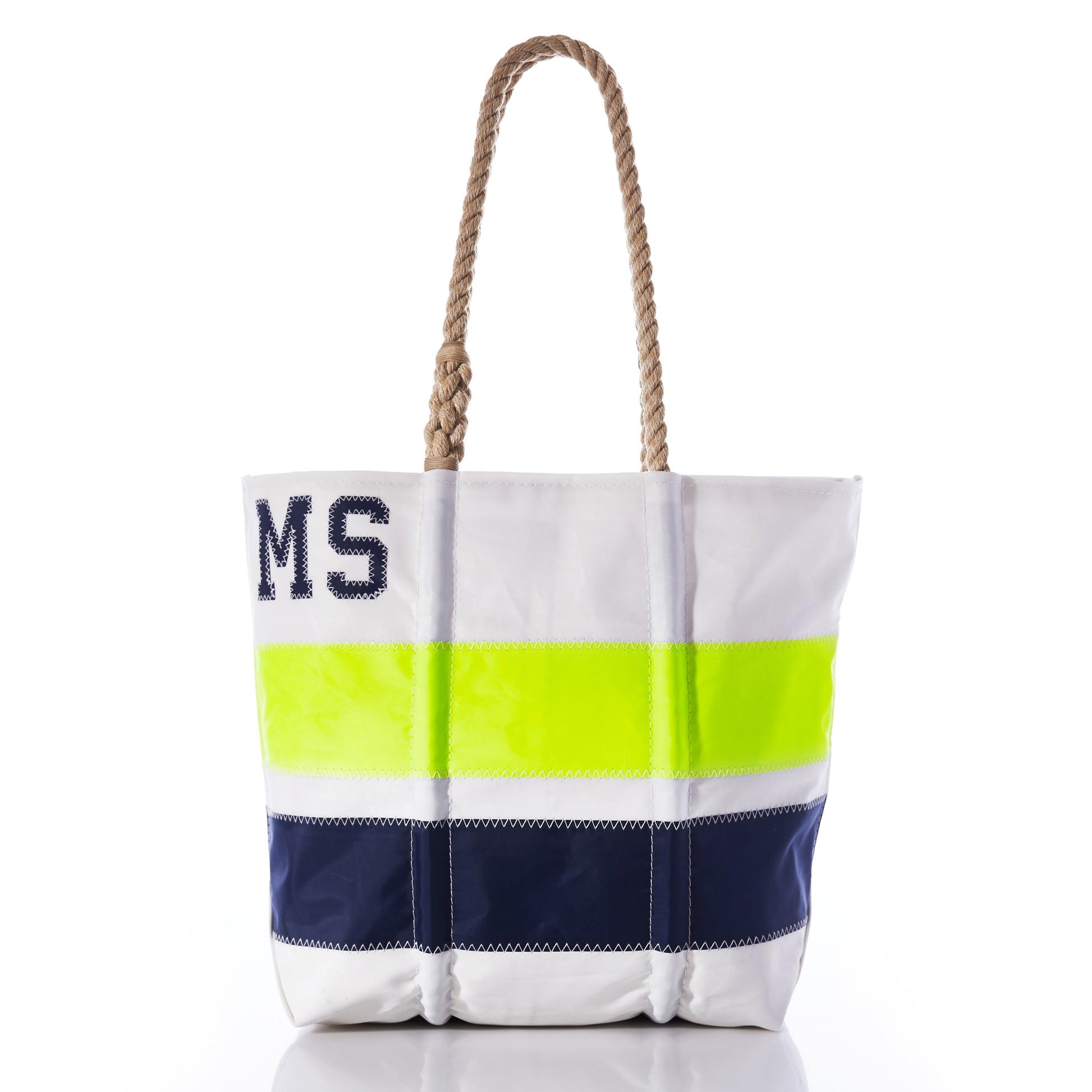 Sea Bags Custom Monogram Horizontal Stripe Medium Tote—featuring rope handles, a personalized design with horizontal navy and neon yellow stripes, and the “MS” monogram stitched in navy blue on the upper left side. by Sea Bags