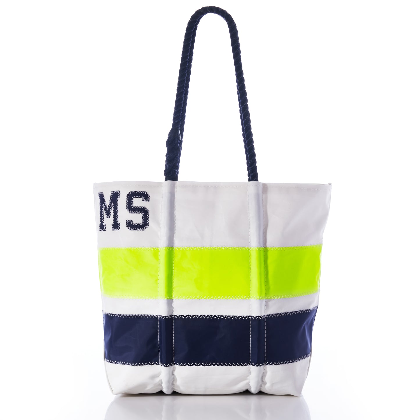 Sea Bags Custom Monogram Horizontal Stripe Medium Tote in white, featuring navy rope handles, personalized with navy and neon yellow horizontal stripes, and monogrammed with the letters MS on the upper left. by Sea Bags