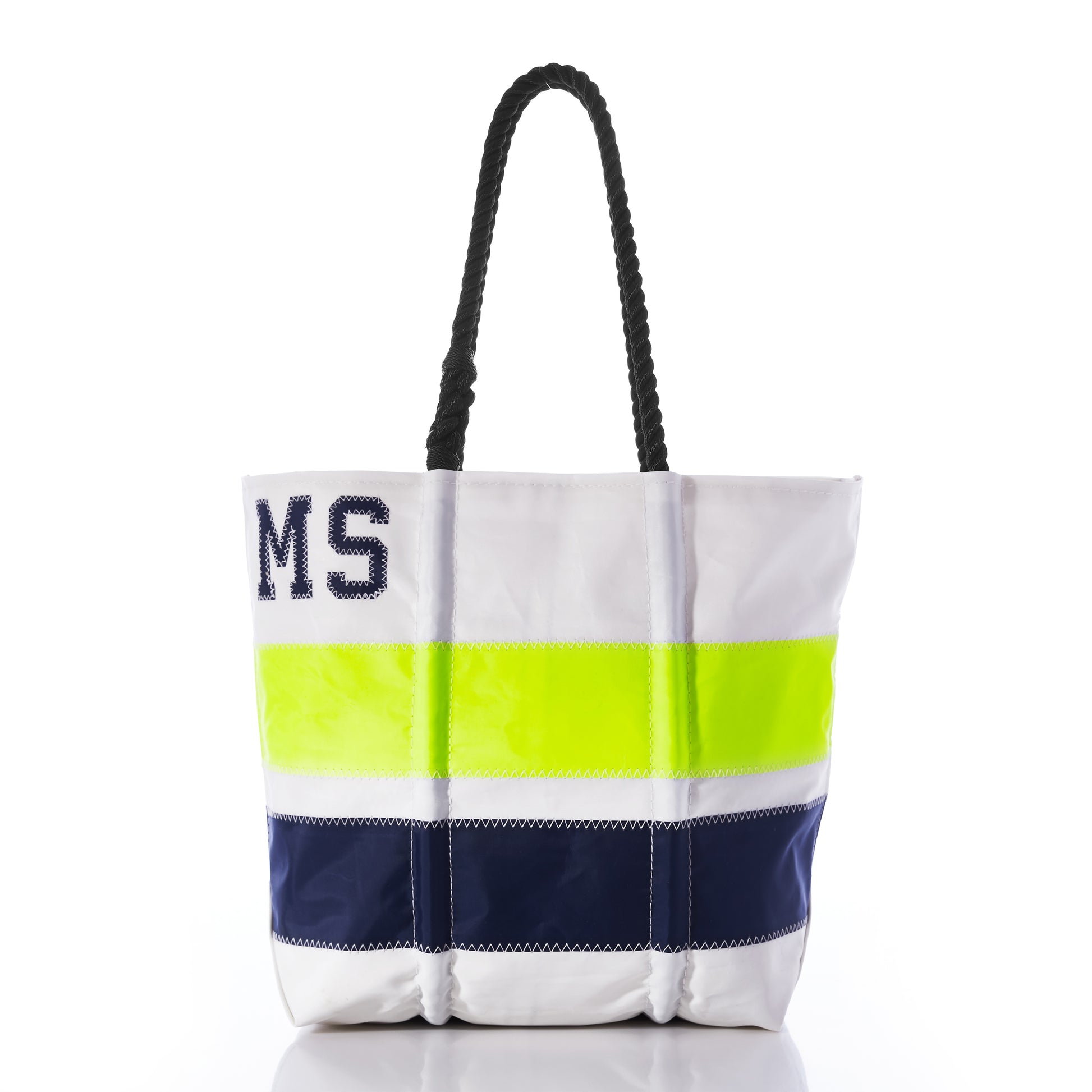 Sea Bags Custom Monogram Horizontal Stripe Medium Tote showcased in white with black rope handles, personalized with bold horizontal navy and neon yellow stripes and a partial blue MS monogram accent on the top left. by Sea Bags